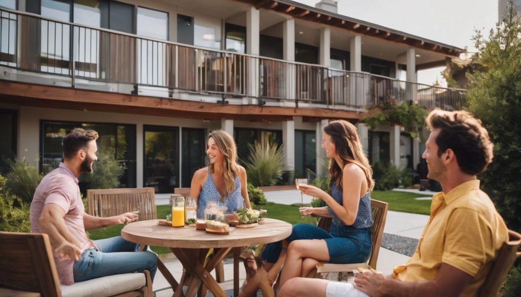 Friends eating outside multi-family home